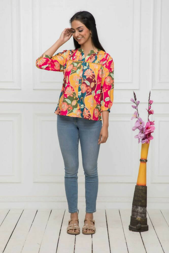 Myshka Women Multi Floral Mandarin Collar Regular Sleeves Viscose Rayon Top - Distacart