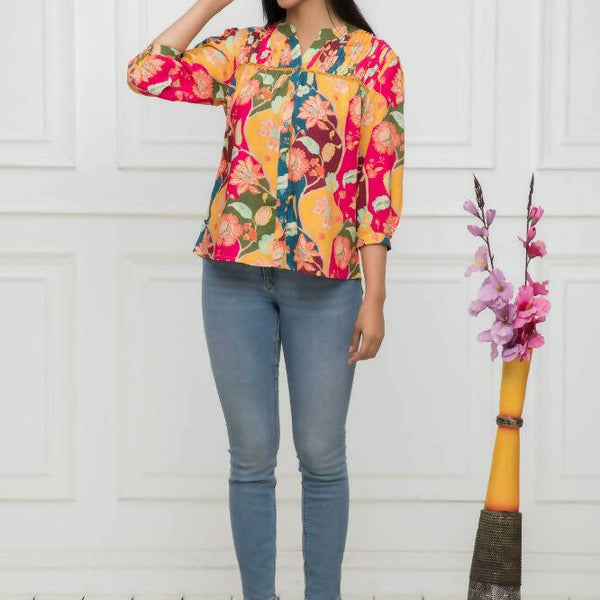 Myshka Women Multi Floral Mandarin Collar Regular Sleeves Viscose Rayon Top - Distacart