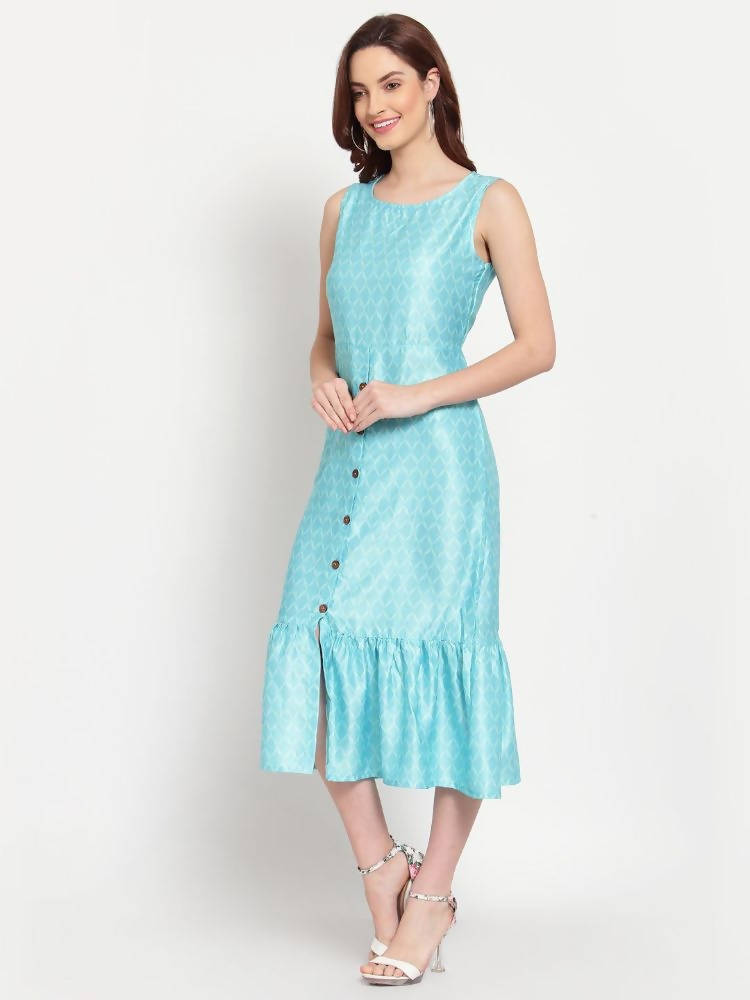 Myshka Women's See Green Solid Cotton Blend Sleeveless Round Neck Casual Dress