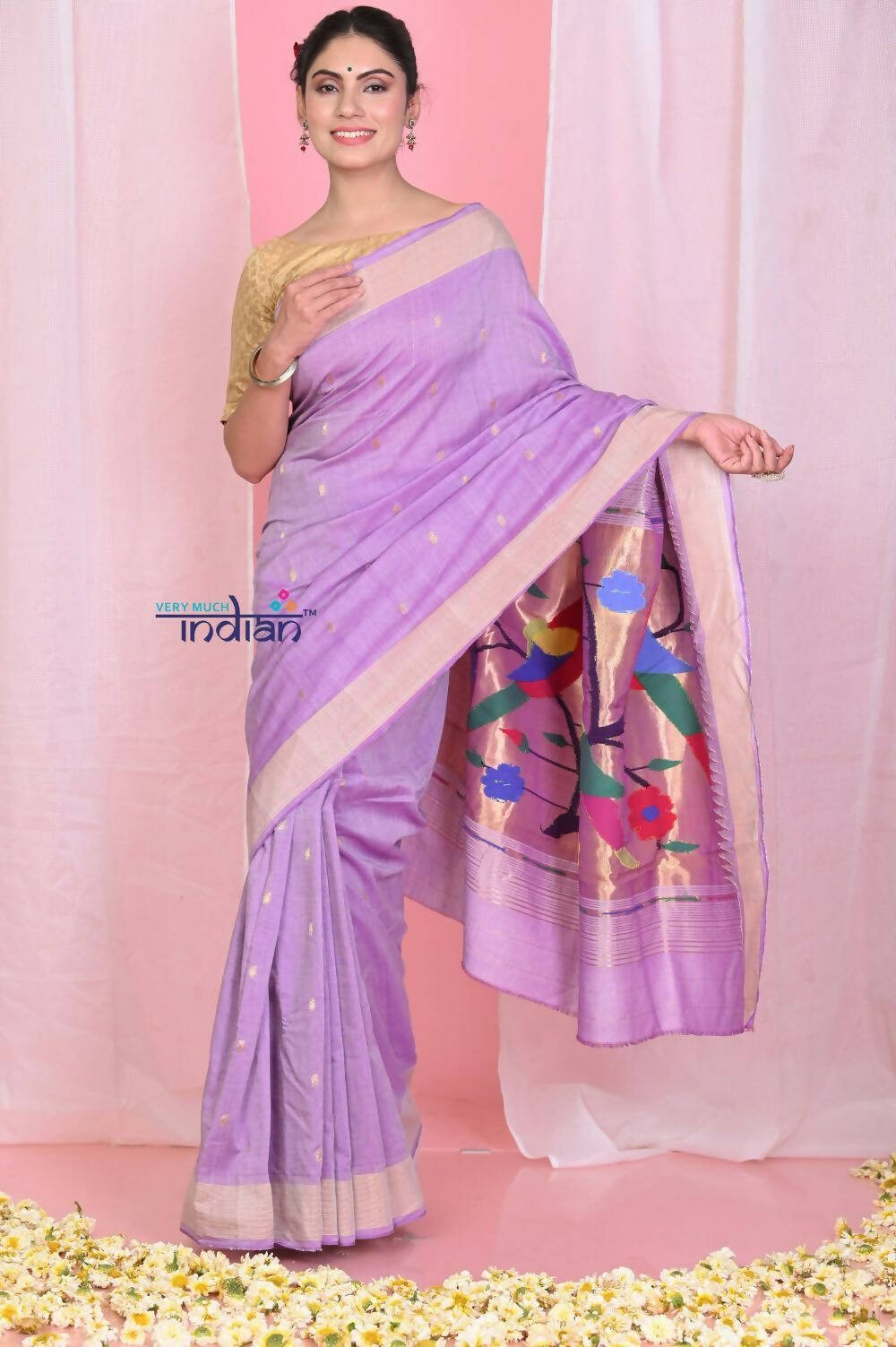 Very Much Indian Handloom Pure Cotton Paithani With Handwoven Pallu -Lilac - Distacart