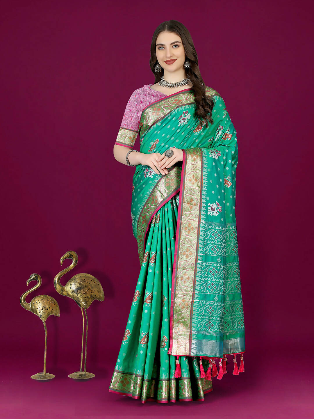Lorenvalley Fashion Teal Patola Silk Woven Design Zari Meenakari Weaving Saree - Distacart