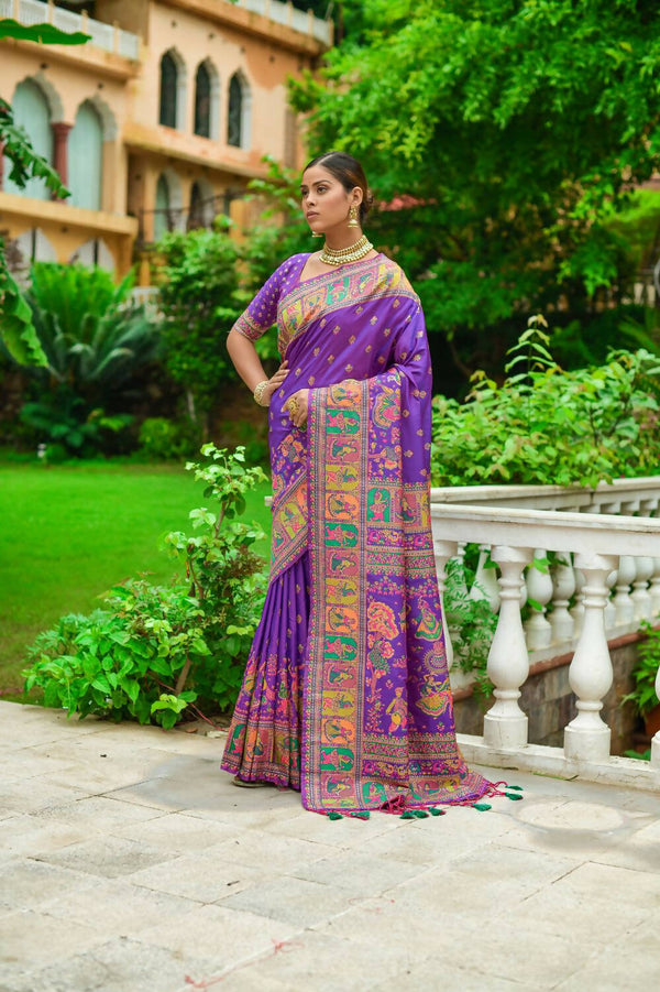 Vishnu Weaves Women's Purple Banarasi Silk Kashmiri Woven Saree with Blouse - Distacart