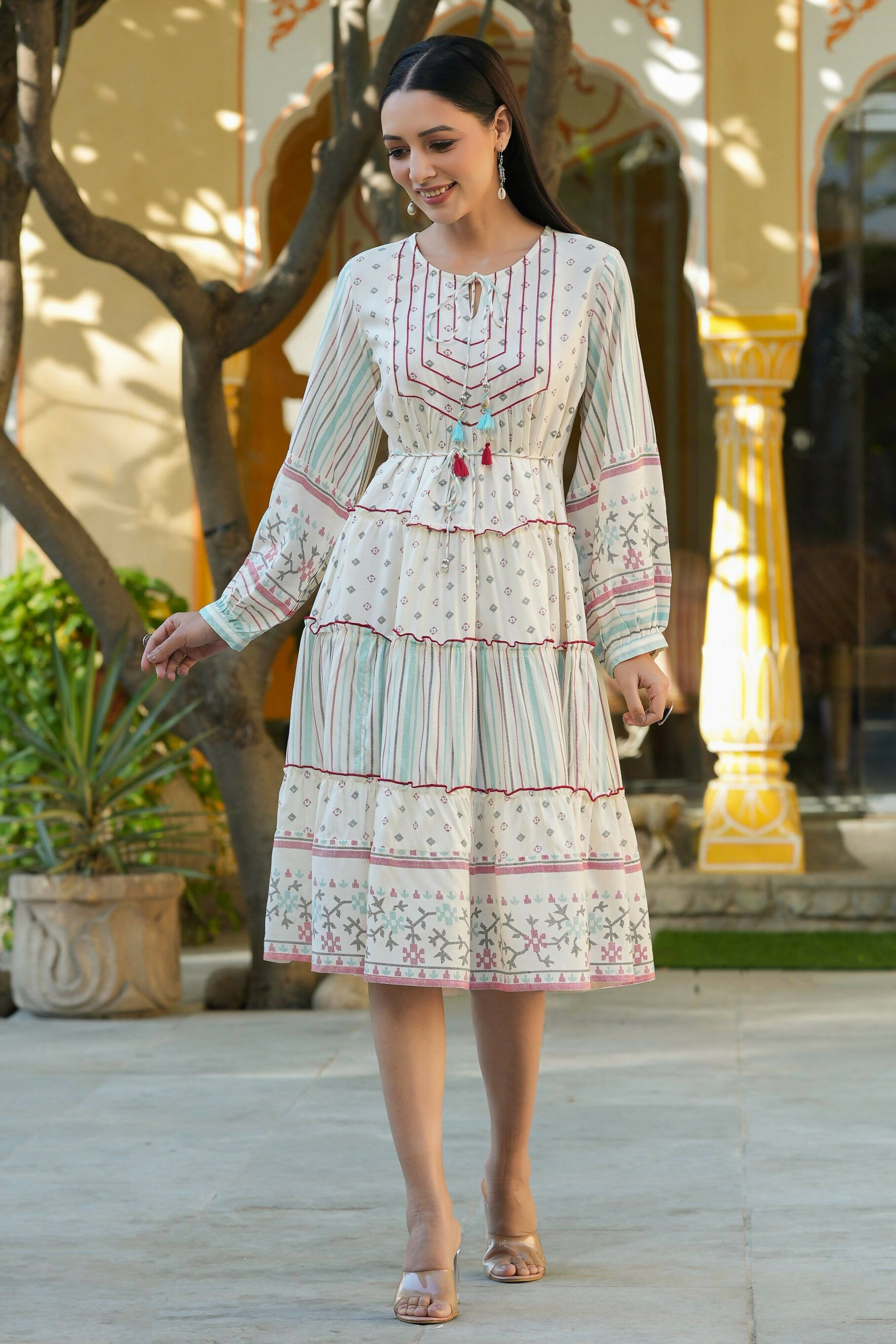 Juniper Women's Ivory Printed Teired Dress - Distacart