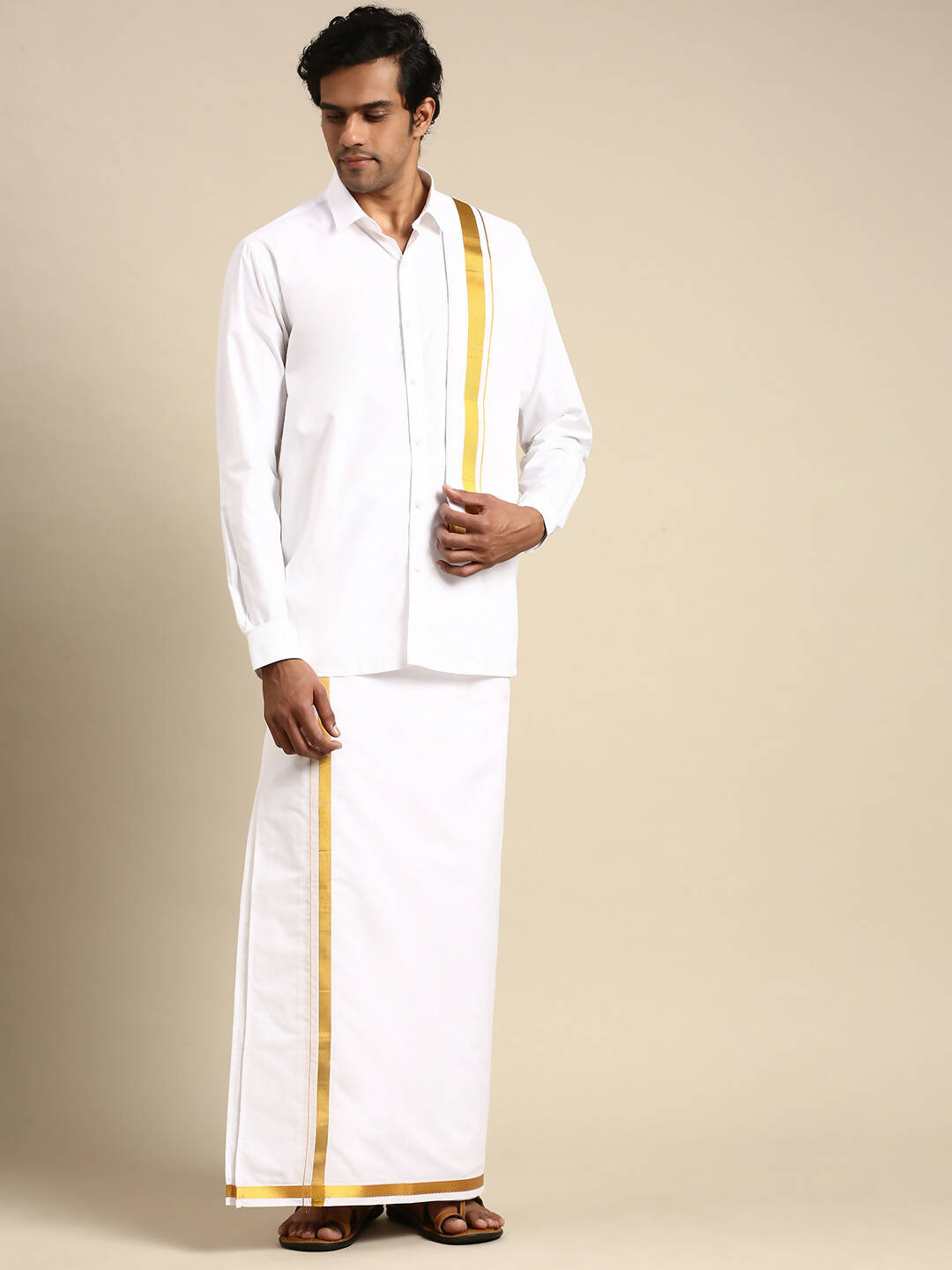 Ramraj Cotton Mens Premium Wedding Cotton White Dhoti with shirt Bit & Towel Set - Distacart