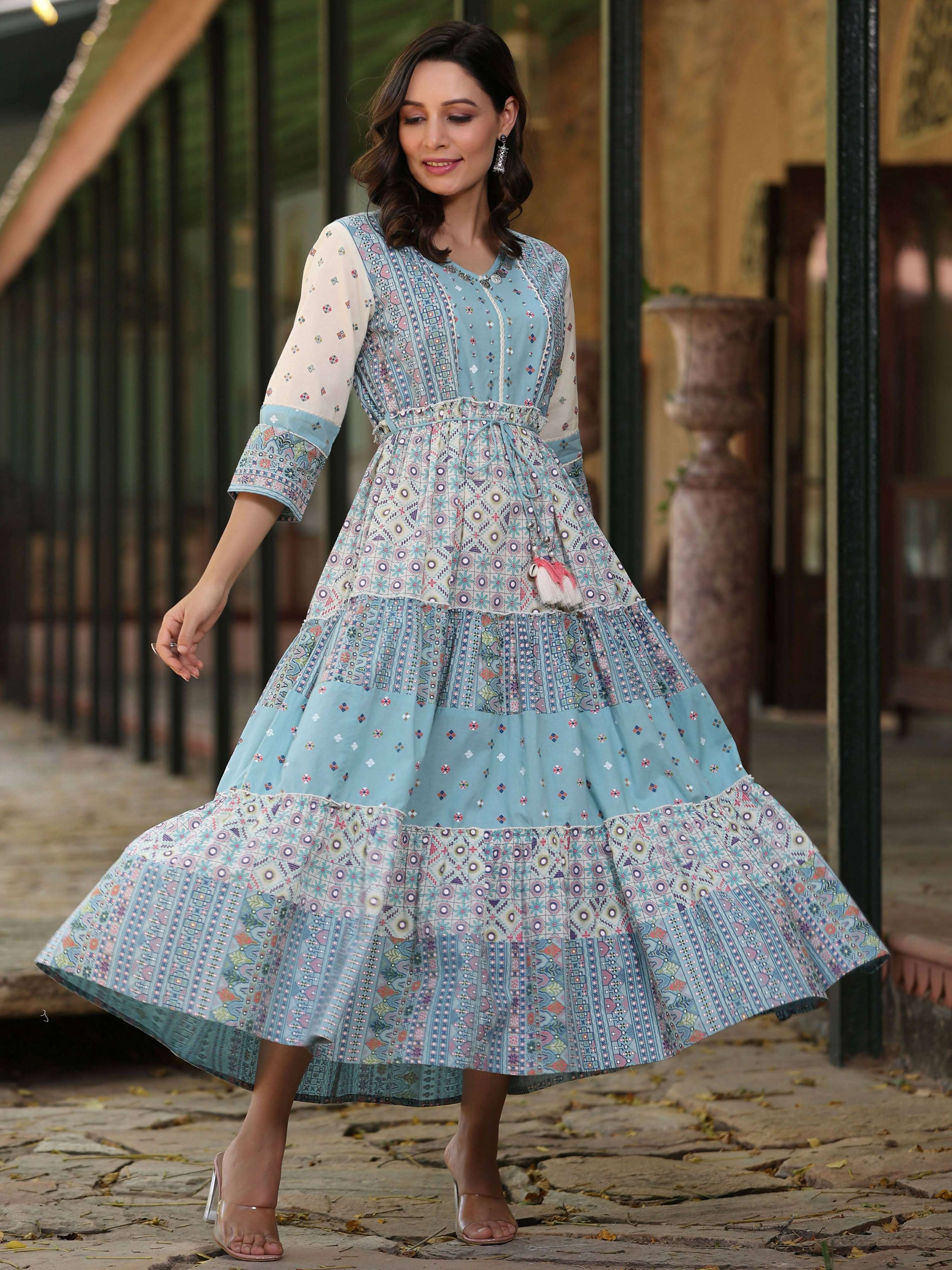 Juniper Women's Blue Cotton Cambric Geometric Printed Tiered Maxi Dress - Distacart