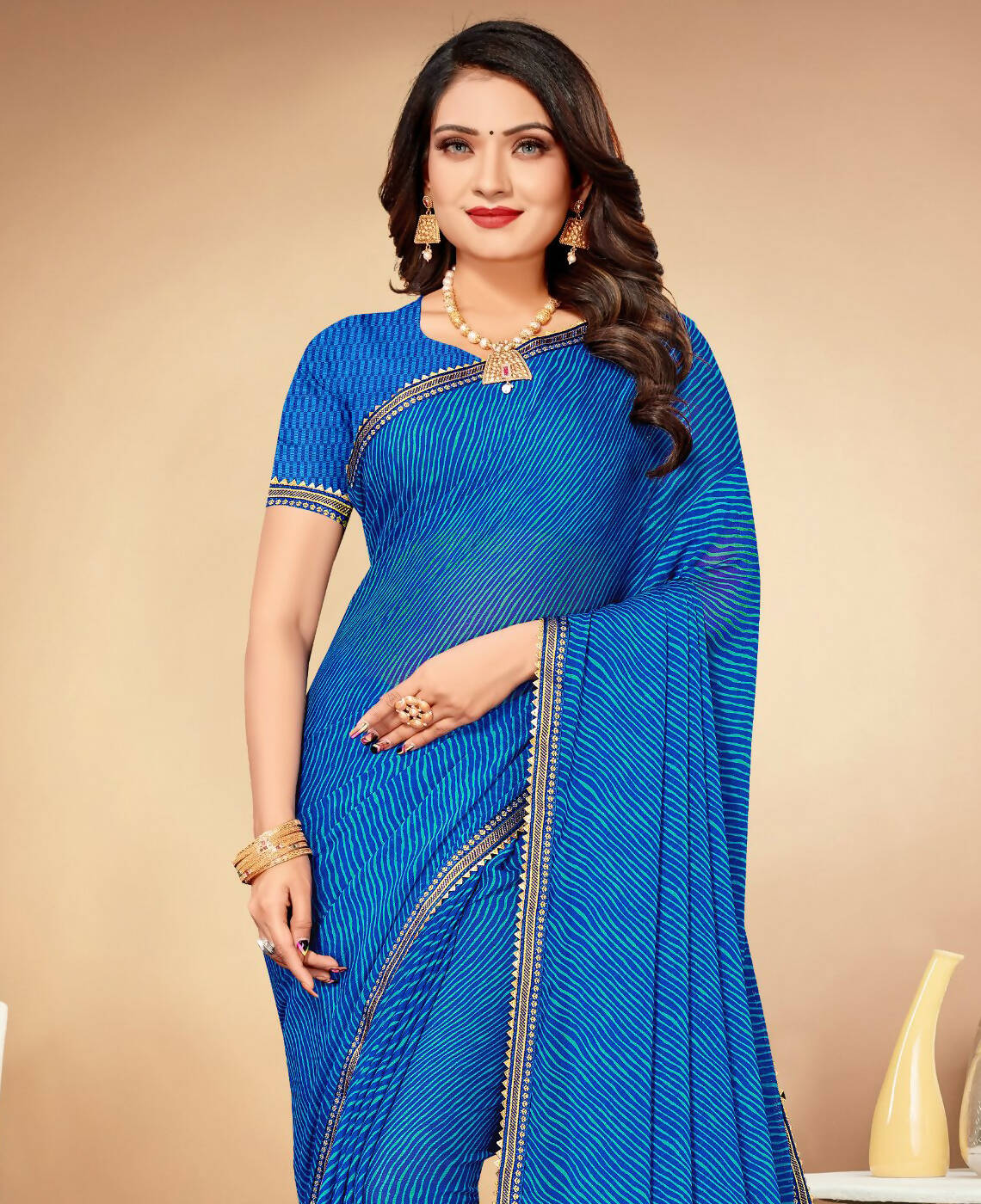 Blue Chiffon Leheriya Printed Saree With Unstitched Blouse Piece - Swarna - Distacart