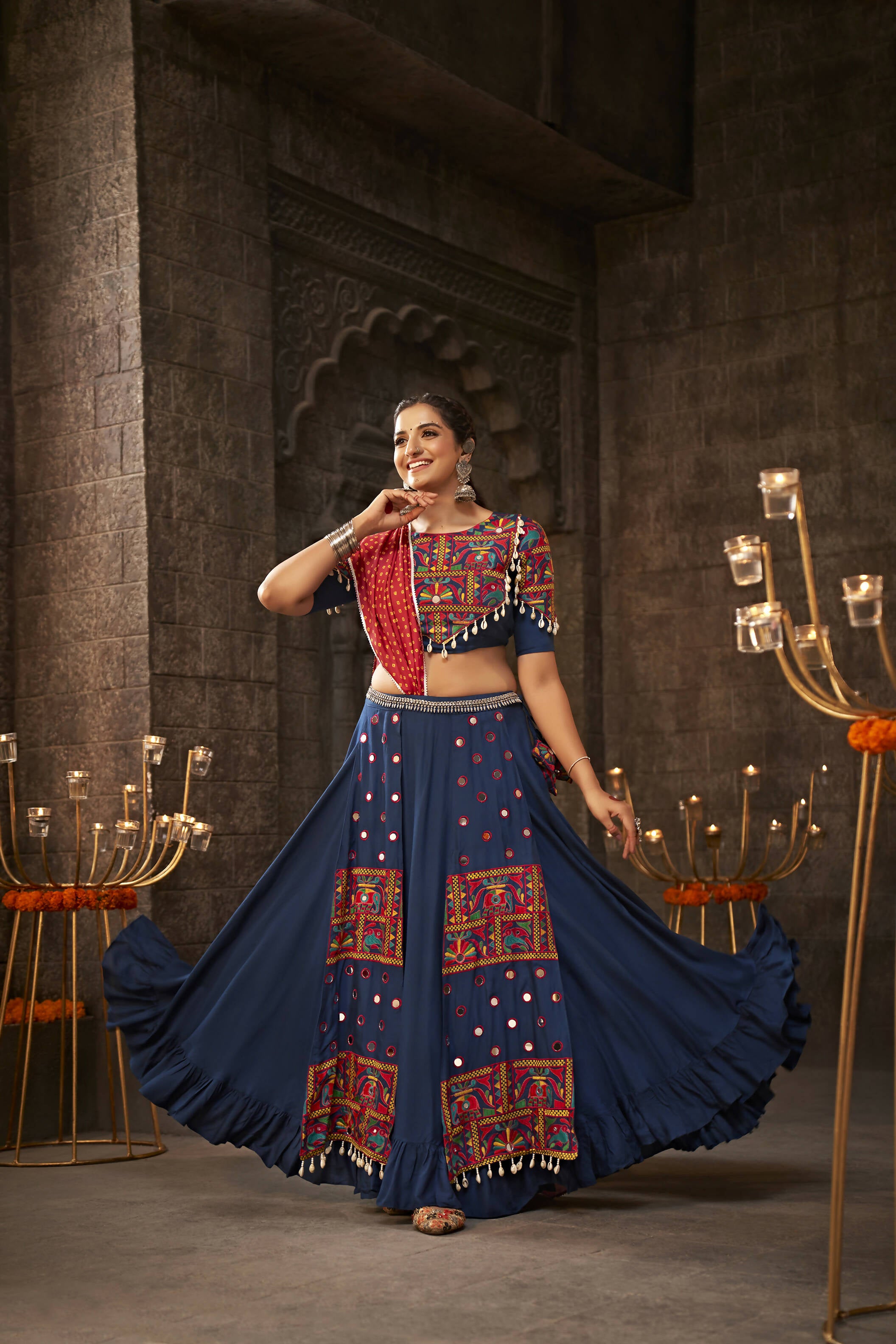 Blue Viscose Rayon Thread Embroidered Navratri Lehenga Choli with Dupatta - Raas - Distacart