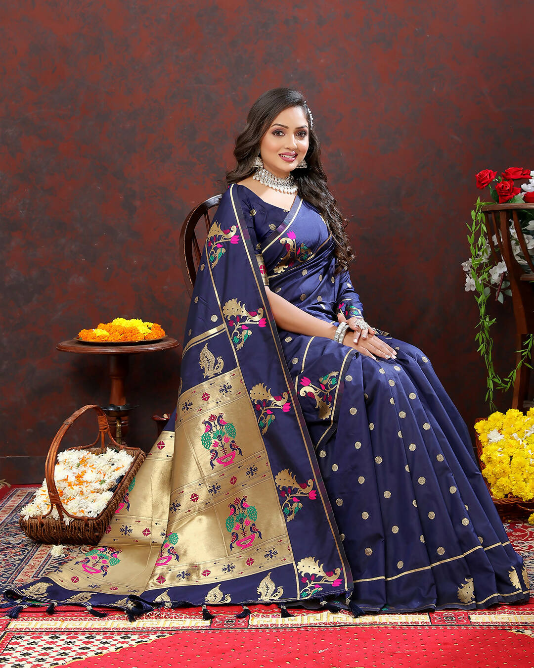 Lorenvalley Fashion Navyblue Soft Paithani Silk Woven Design Gold Zari Meenakari Weaving Saree - Distacart