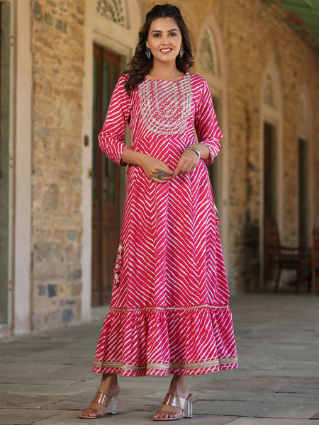 Juniper Women's Fuschia Printed Embroidered Mirror Work Sequin Cotton Flared Dress - Distacart
