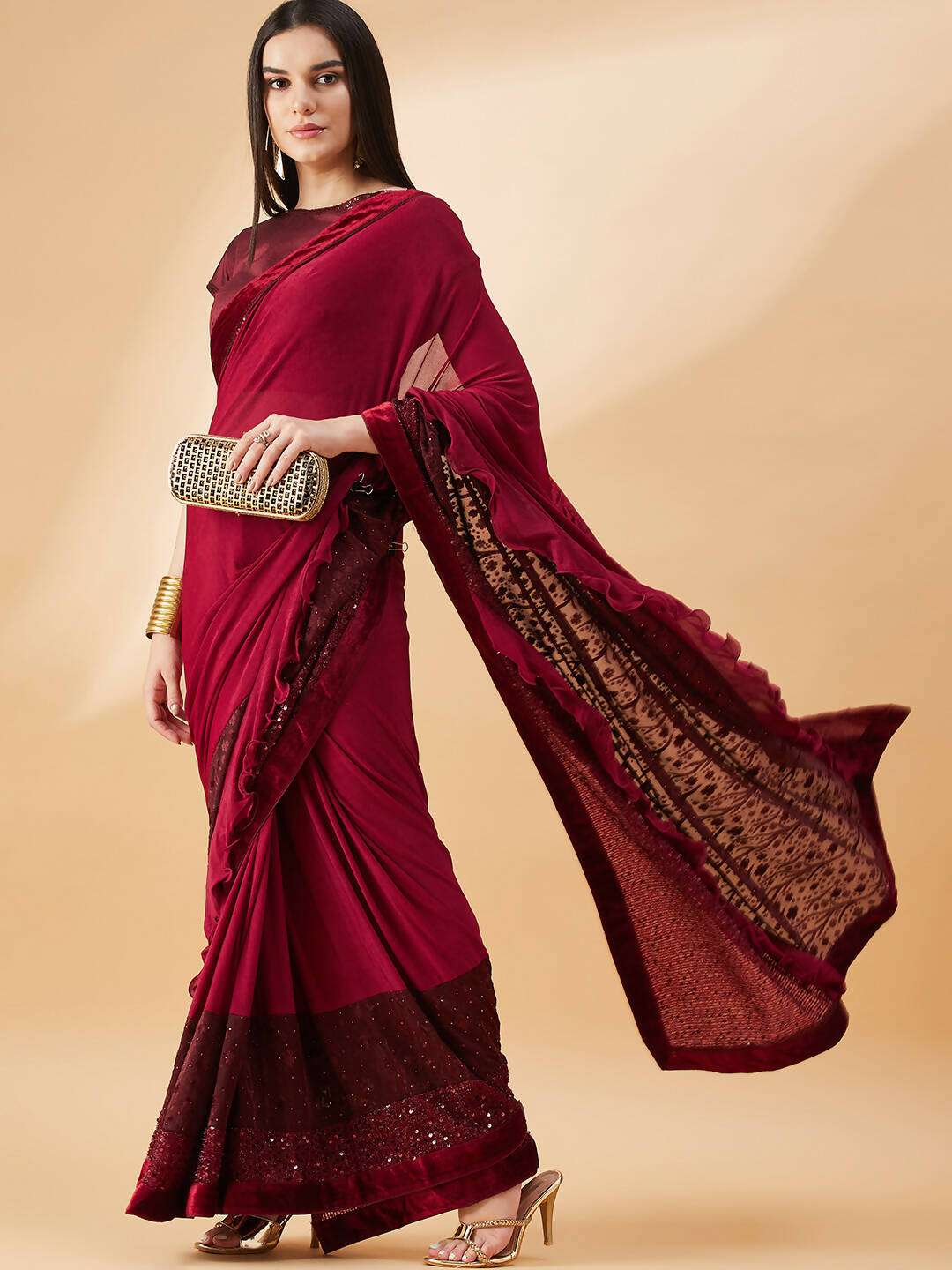 Maroon Lycra Embossed Fancy Velvet, Sequins Embroidery, Frill Details Saree - Norita Hit Design - Distacart