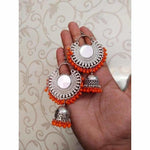 Thumbnail for Orange Color Alloy Drops And Mirror Hanging Jhumka Chandbali Earrings