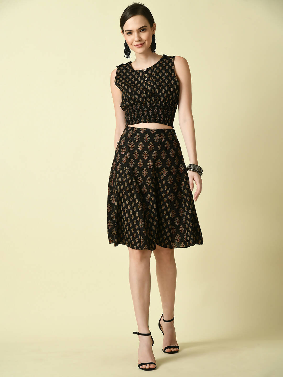Myshka Women's Black Pure Cotton Printed Flared Skirt - Distacart