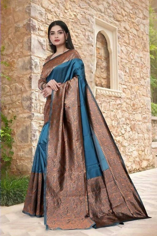 DEIANA'S Beautiful Golden Jari with New Design Soft Lichi Silk Saree - Teal - Distacart