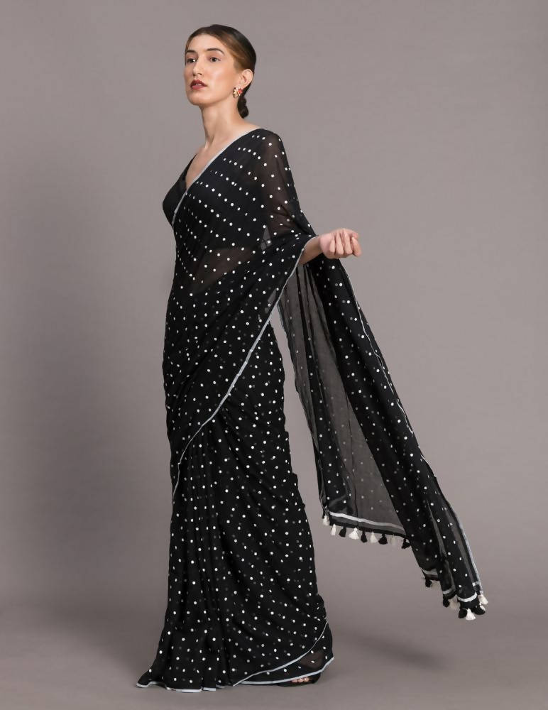 Suta Black White Polka Dots Printed Pure Cotton Saree - Distacart