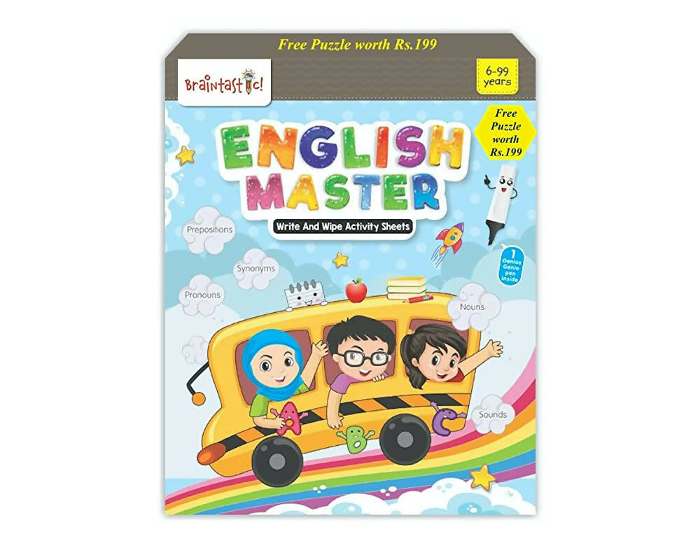 Braintastic Educational Game: English Master (6-99 Years) / Write & Wipe Reusable Activity Sheets/Kids Toy/ Free Puzzle - Distacart