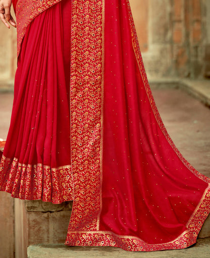 Red Vichitra Stone Work Saree With Unstitched Blouse Piece - Rosy - Distacart