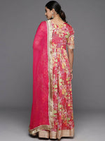 Thumbnail for Varanga Women Pink Floral Yoke Embroidered Anarkali Kurta With Dupatta - Distacart
