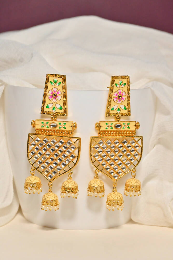 Traditional Gold-Plated Meenakari Beige Jhumka Jhumki Earrings By House of Ree - Distacart