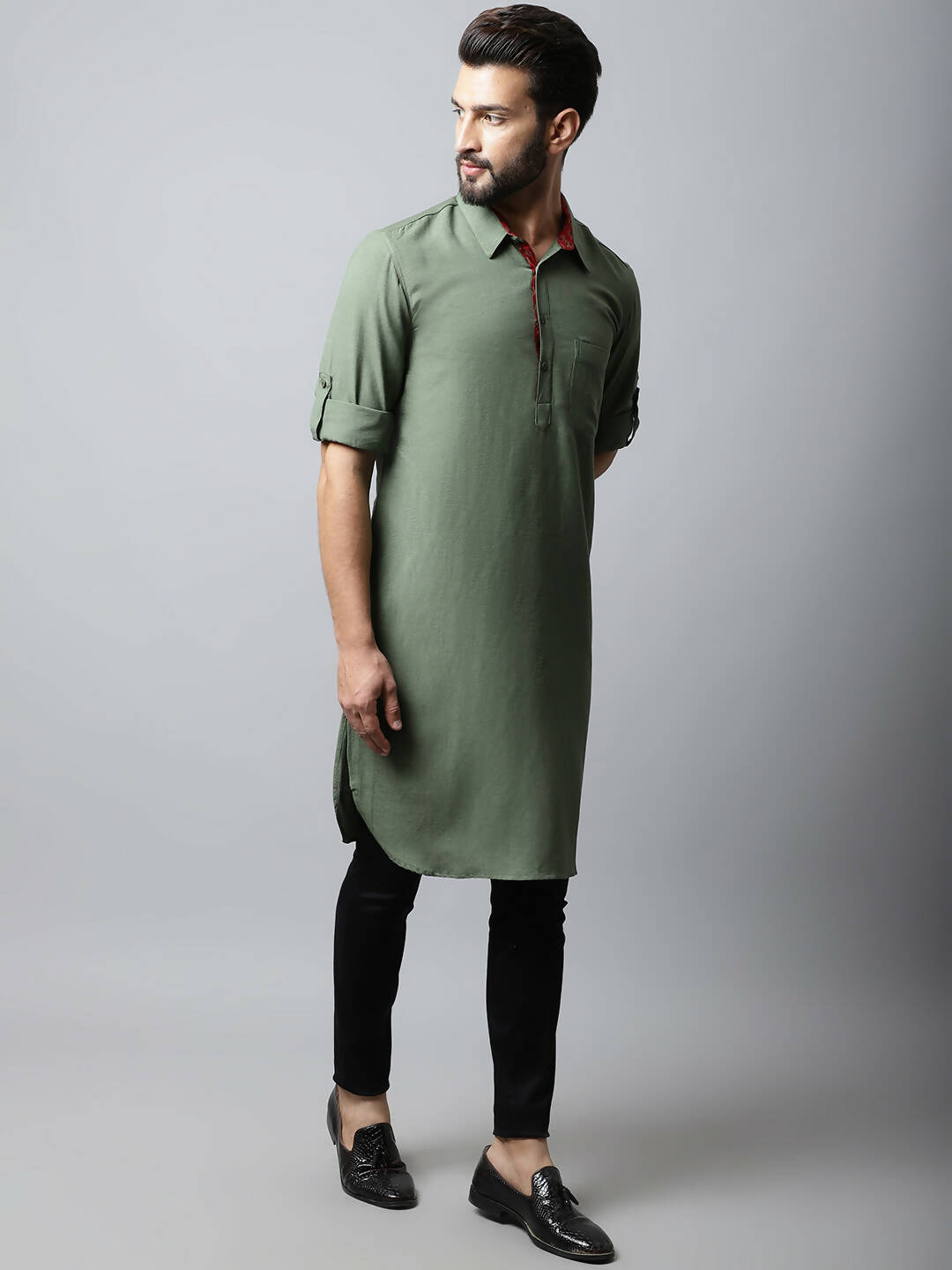 Even Apparels Green Color Linen Solid Men's Kurta With Shirt Collar (LN944) - Distacart