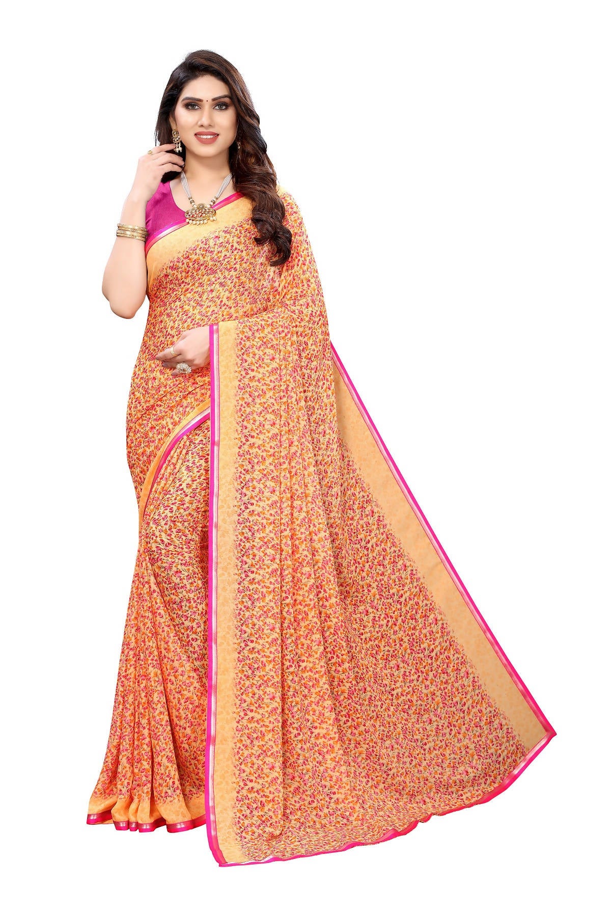 Vamika Ethnic Fire Orange Printed With Lace Saree - Distacart