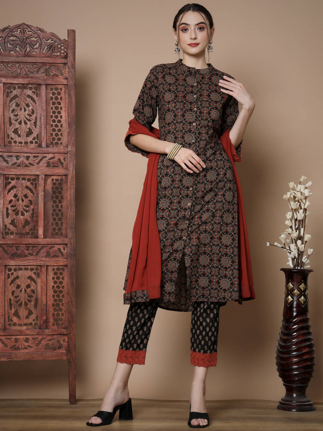 Myshka Women's Muli A-Line Kurta & Trousers With Dupatta - Distacart