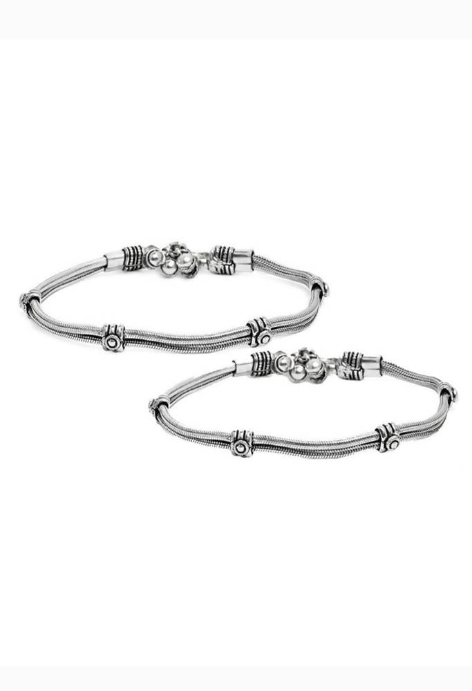 Mominos Fashion Kamal Johar Oxidised Silver Double Lined Anklets