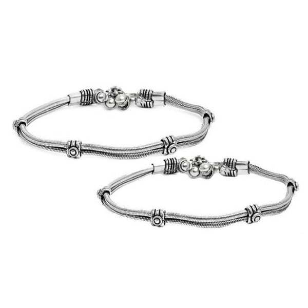 Mominos Fashion Kamal Johar Oxidised Silver Double Lined Anklets