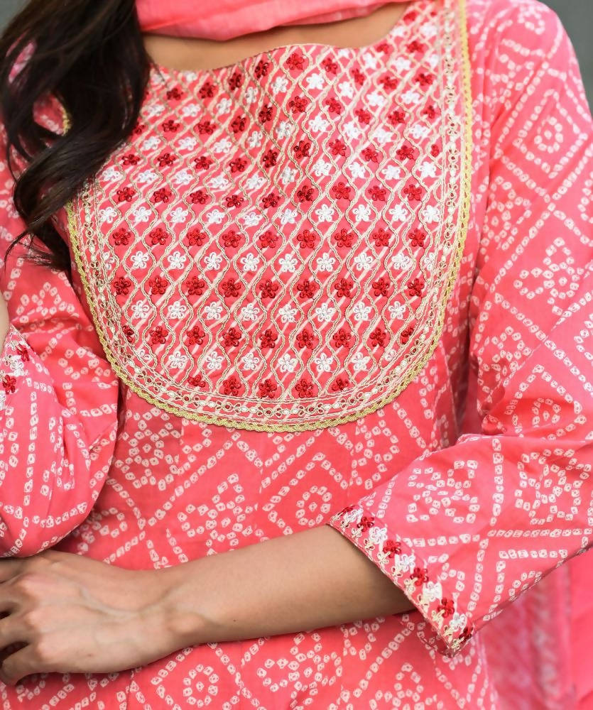 Yufta Women Pink Handblock Printed Kurta with Trouser & Dupatta