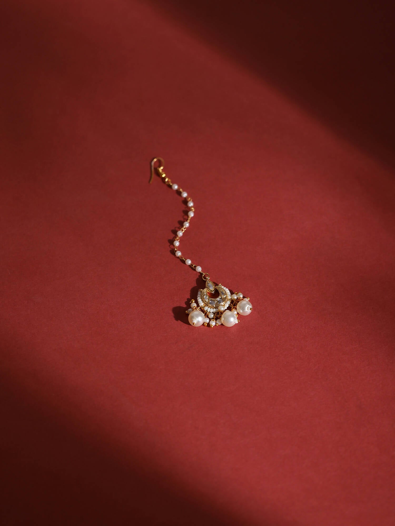 Gold-Plated White Kundan-Studded Beaded Layered Maang Tikka - Ruby Raang - Distacart