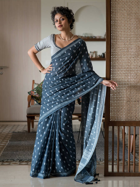 Suta Navy Blue Woven Design Pure Cotton Saree - Distacart