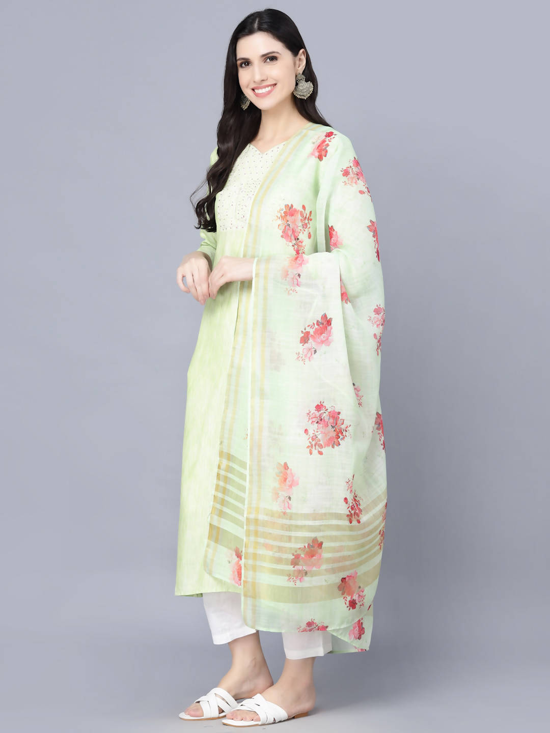 Myshka Women Lime Green Floral Printed Panelled Pure Cotton Kurti with Trousers With Dupatta - Distacart
