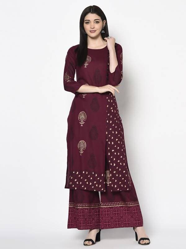 Aniyah Rayon Wine Color Block Print Straight Kurta Palazzo Set (AN-174K)