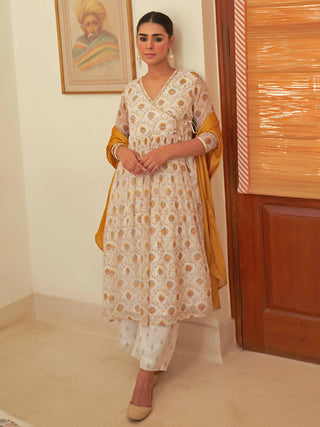 Janasya Women's White Chiffon Lurex Floral Printed Festive Flared Kurta Set - Distacart