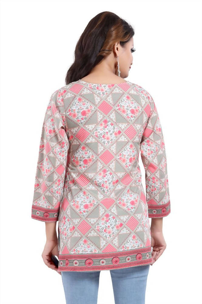 Snehal Creations Precious Pink Faux Crepe Printed Short Kurti Tunic