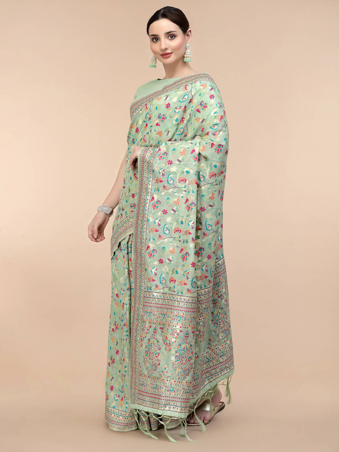 Sea Green Silk Blend Woven Design Saree With Unstitched Blouse Piece - Aloki - Distacart