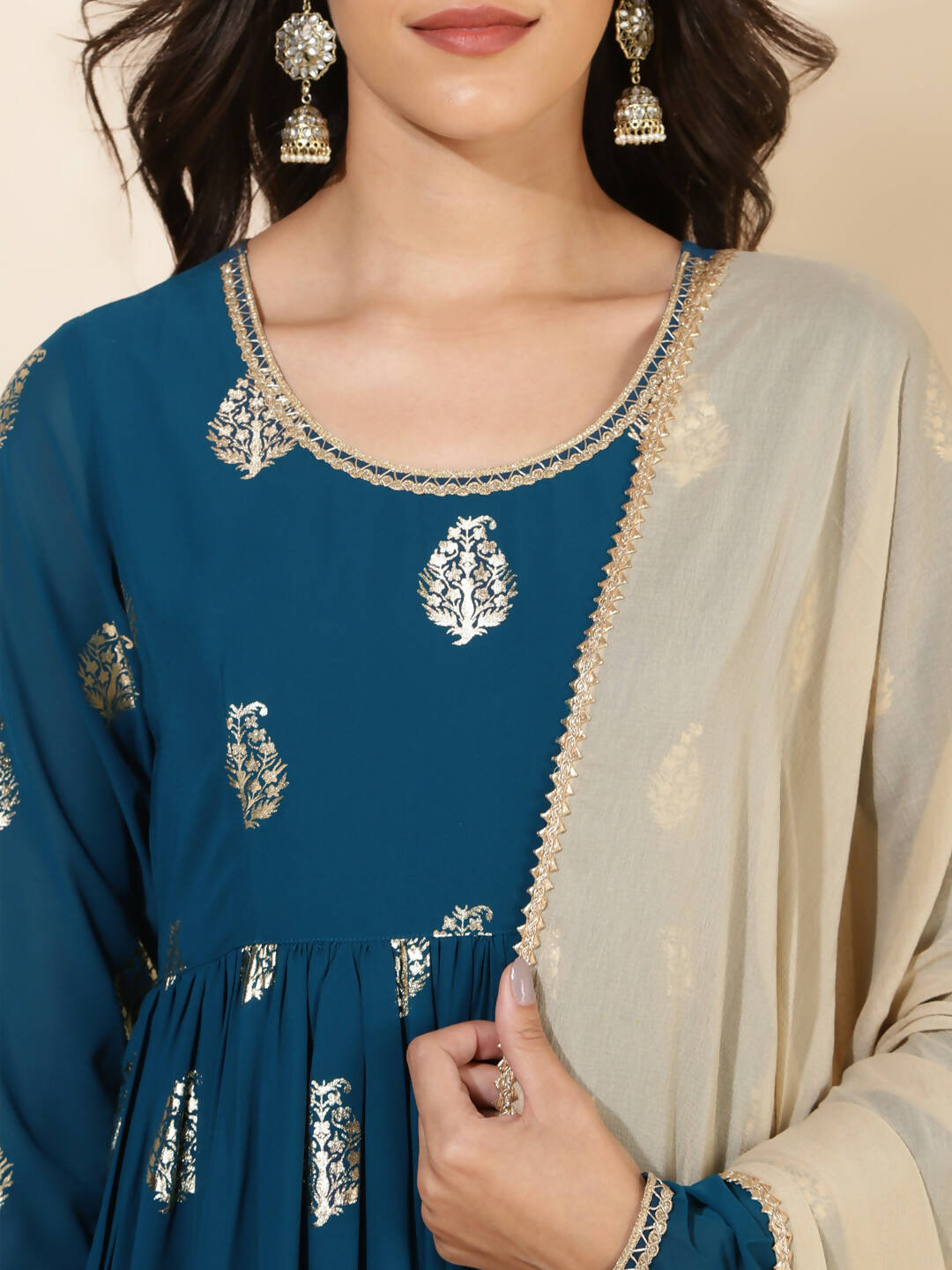 Janasya Women's Teal Blue Georgette Foil Printed Festive Flared Kurta Set - Distacart