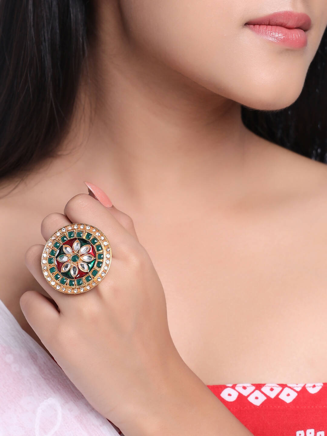 NVR Women's Traditional Kundan Meenakari Gold Plated Ajustable Finger Ring - Distacart