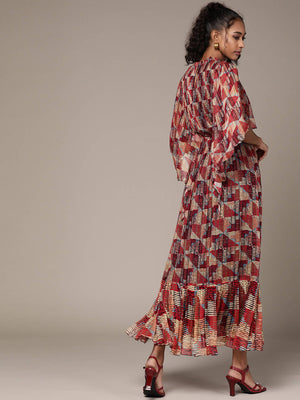 Ritu Kumar Women Red & Beige Geometric Printed Ruffle Detail A-Line Maxi Dress - Distacart