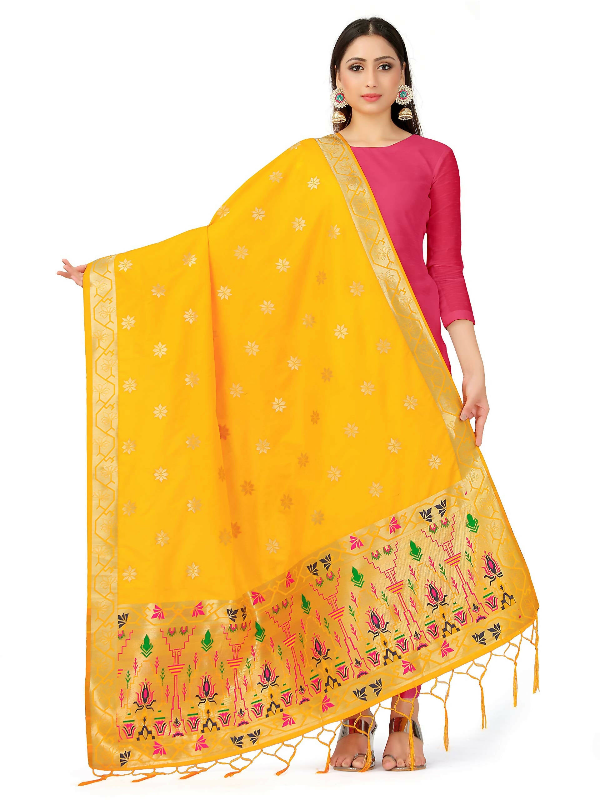 Mimosa Women's Floral Art Silk Gold Dupatta - Distacart