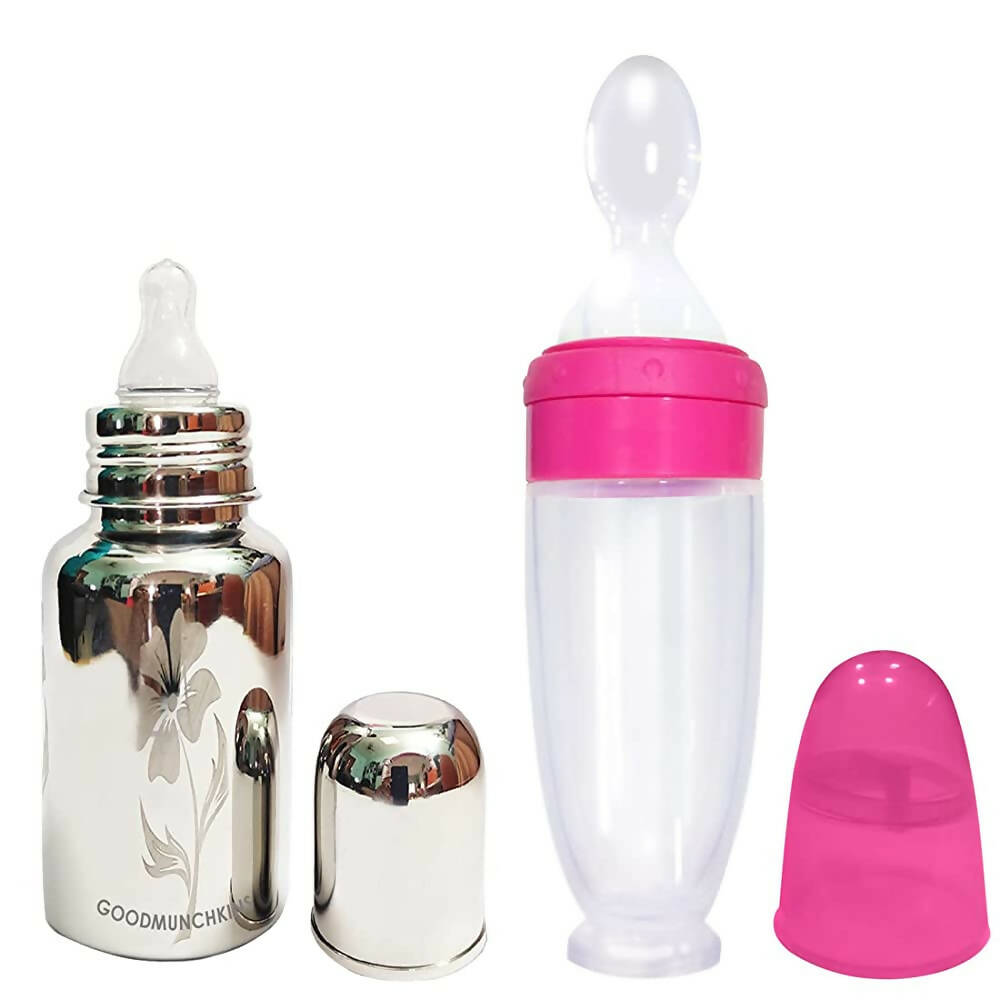 Goodmunchkins Stainless Steel Feeding Bottle 304 Grade Jointless & Spoon Food Feeder for Baby Nipple Feeder 220 ml Combo Pack-Pink - Distacart