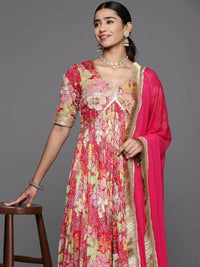 Thumbnail for Varanga Women Pink Floral Yoke Embroidered Anarkali Kurta With Dupatta - Distacart
