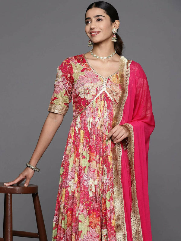 Varanga Women Pink Floral Yoke Embroidered Anarkali Kurta With Dupatta - Distacart