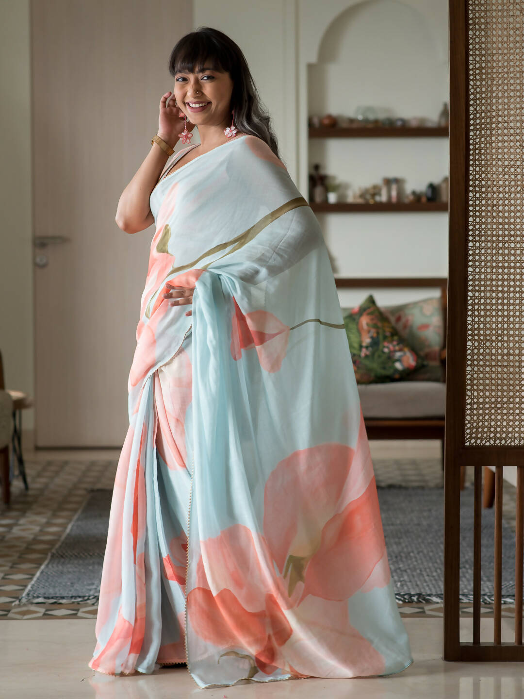 Suta Blue Floral Pure Cotton Saree - Distacart