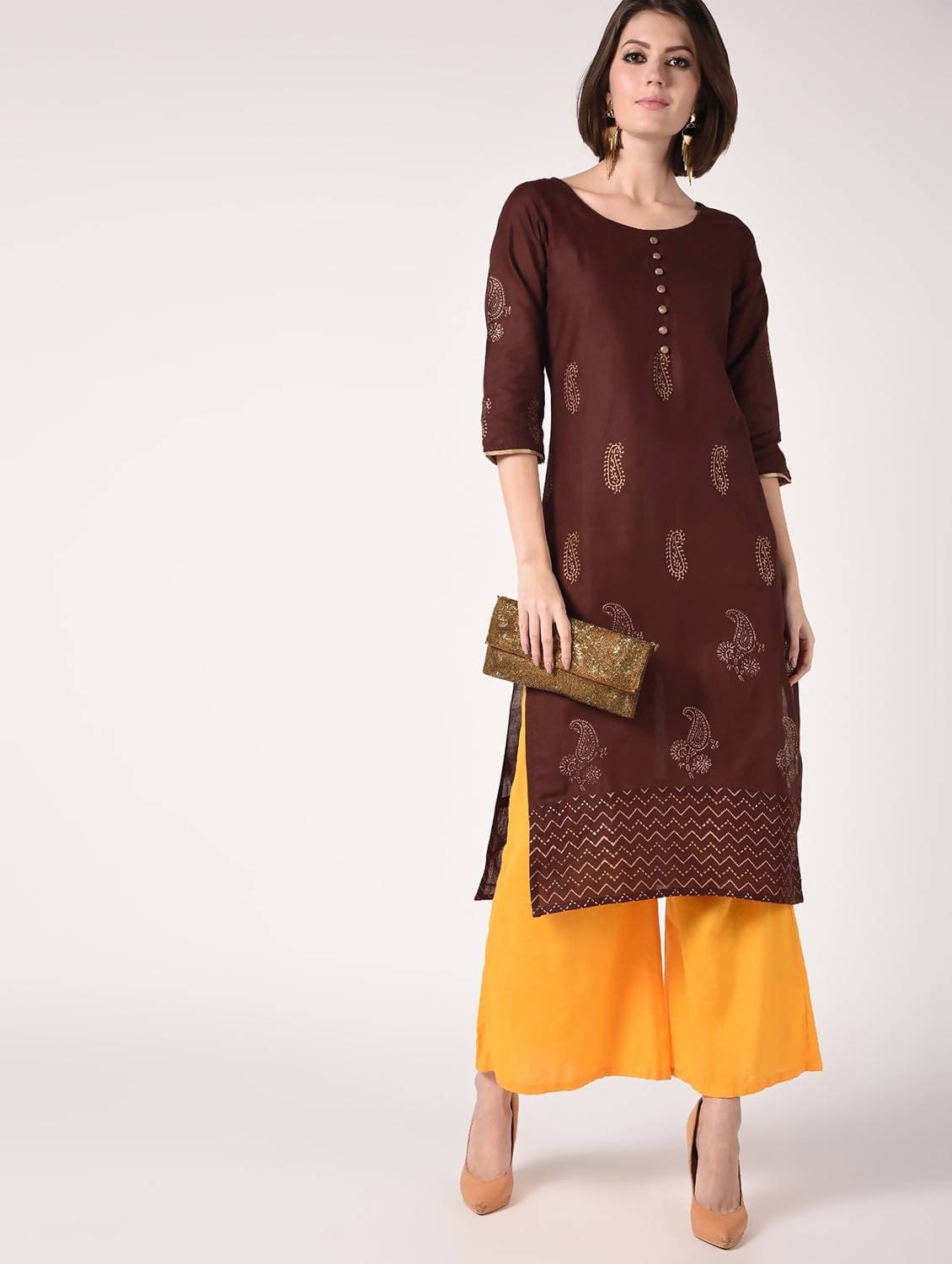 Cheera Hand Block print straight Kurta with Palazzo In Brown & Mustard Colors