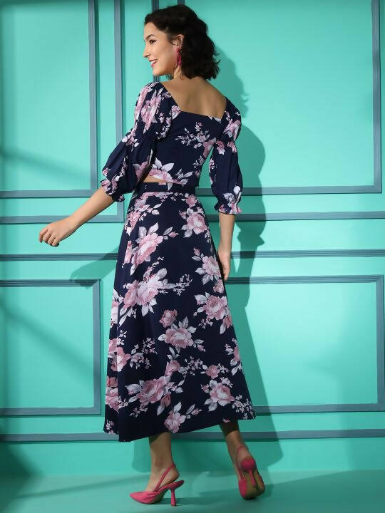Blue Crepe Floral Printed Top with Matching Skirt - Shivani - Distacart