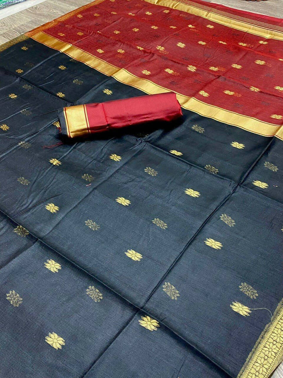 DEIANA'S Beautiful Golden Jari with New Design Soft Cotton Saree - Navy Blue - Distacart