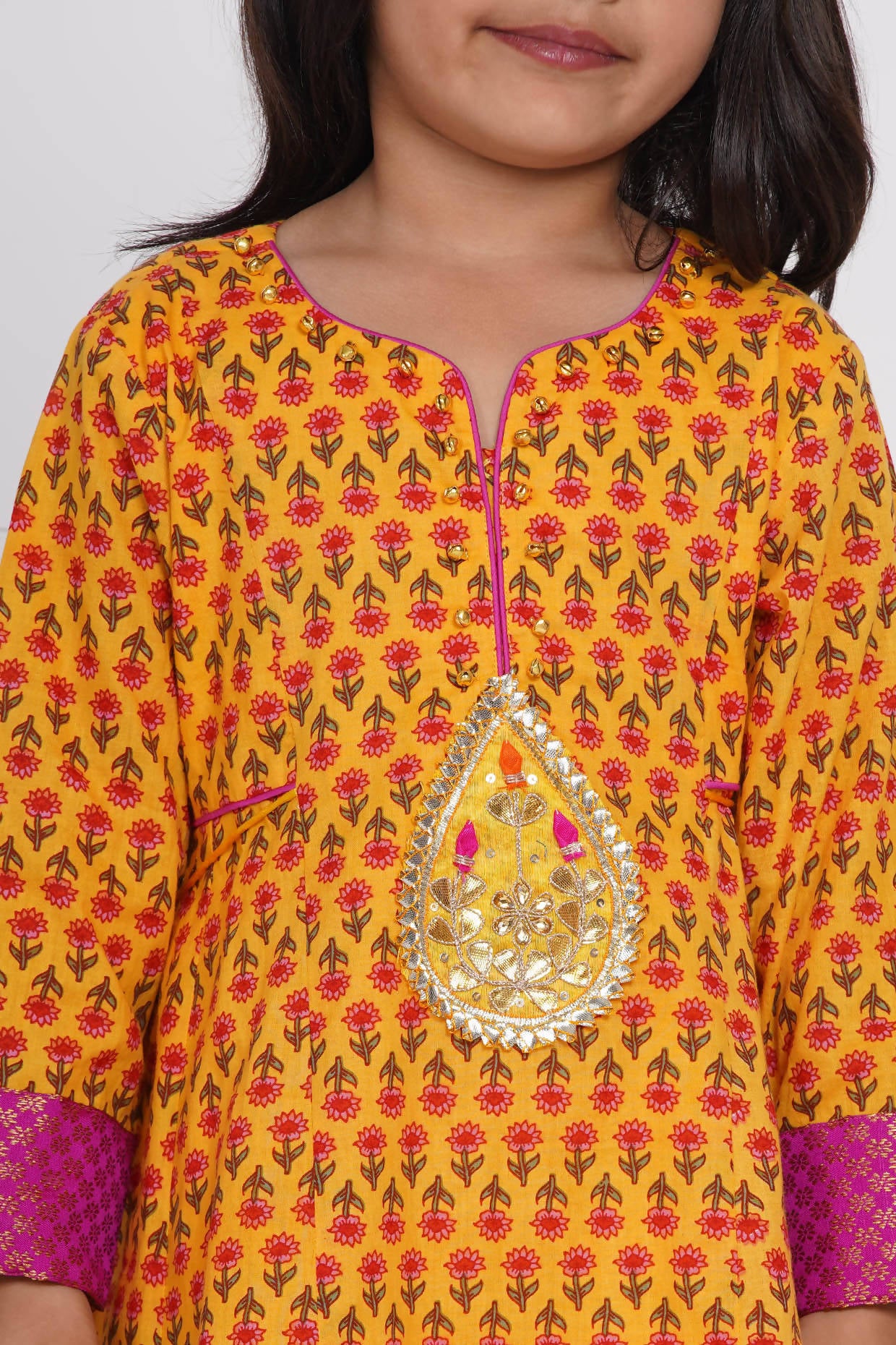 Little Bansi Cotton Kurta frock with booti work, Sharara & Dupatta - Yellow - Distacart