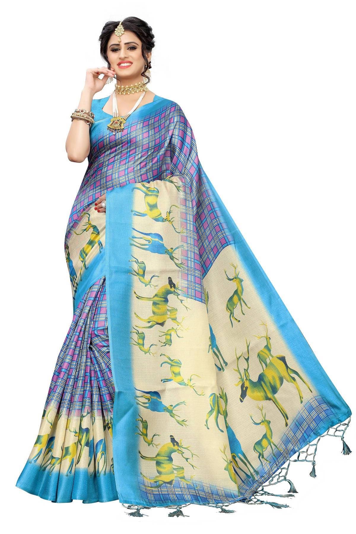 Vamika Multicolor & Sky Blue Kalamkari With Jhalar Khadi Silk Saree