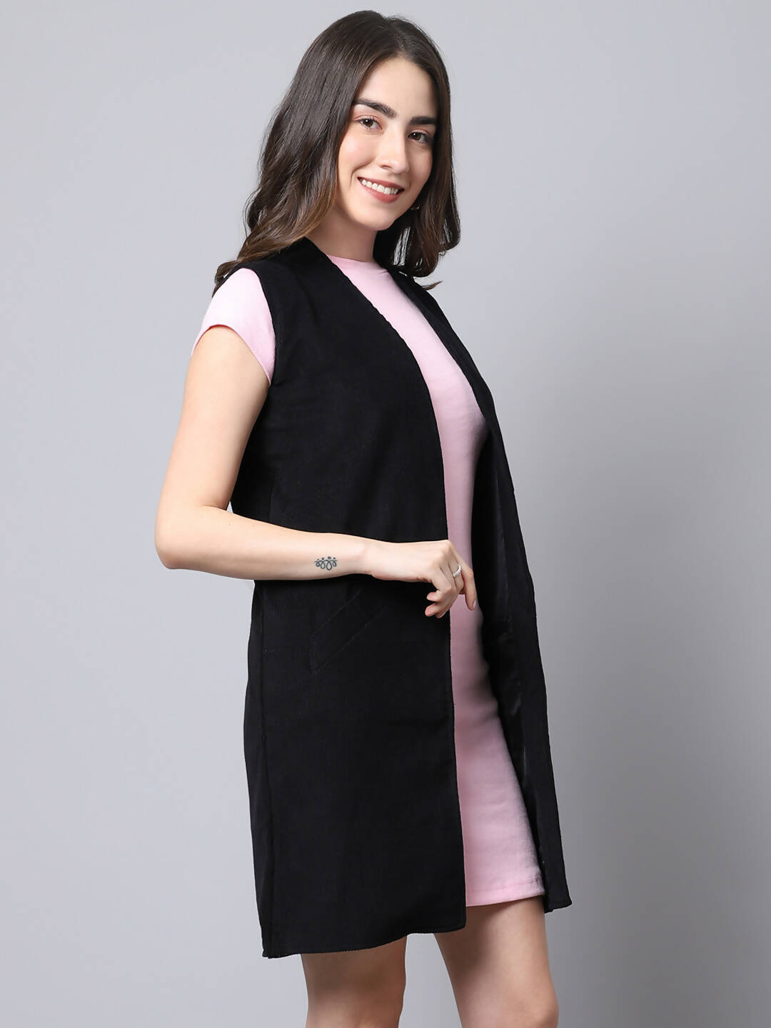 Even Apparels Black Polywool Open Front Corduroy Women's Long Coat - Distacart