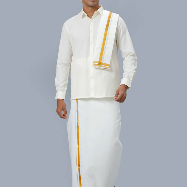 Ramraj Cotton Mens Wedding Set Cream Regular Dhoti, Shirt & Towel - Distacart